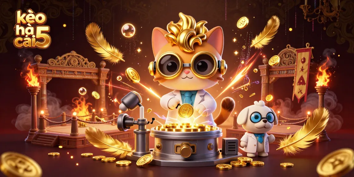 Engage with kèo nhà cái 5 through a vibrant 3D casino scene featuring an inventive cat scientist and dog assistant.