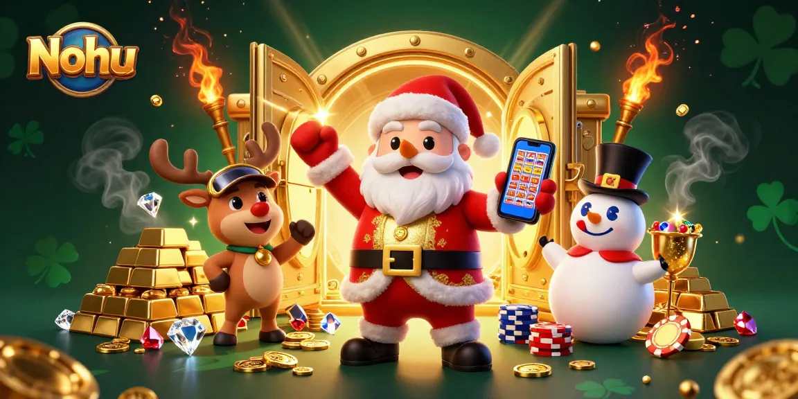 Nohu jackpots await as Santa, reindeer, and snowman enjoy slot adventures.